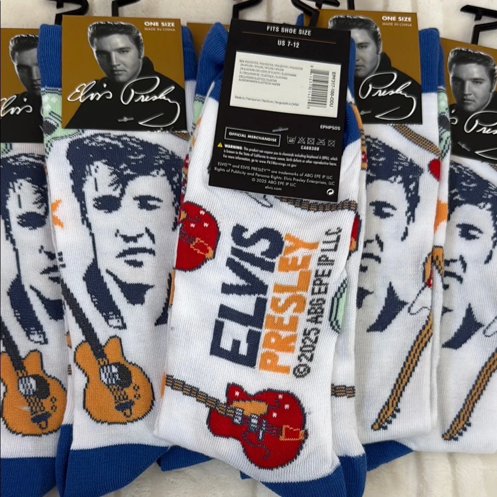 Elvis Presley Artistic Casual Crew Socks One Size White Blue